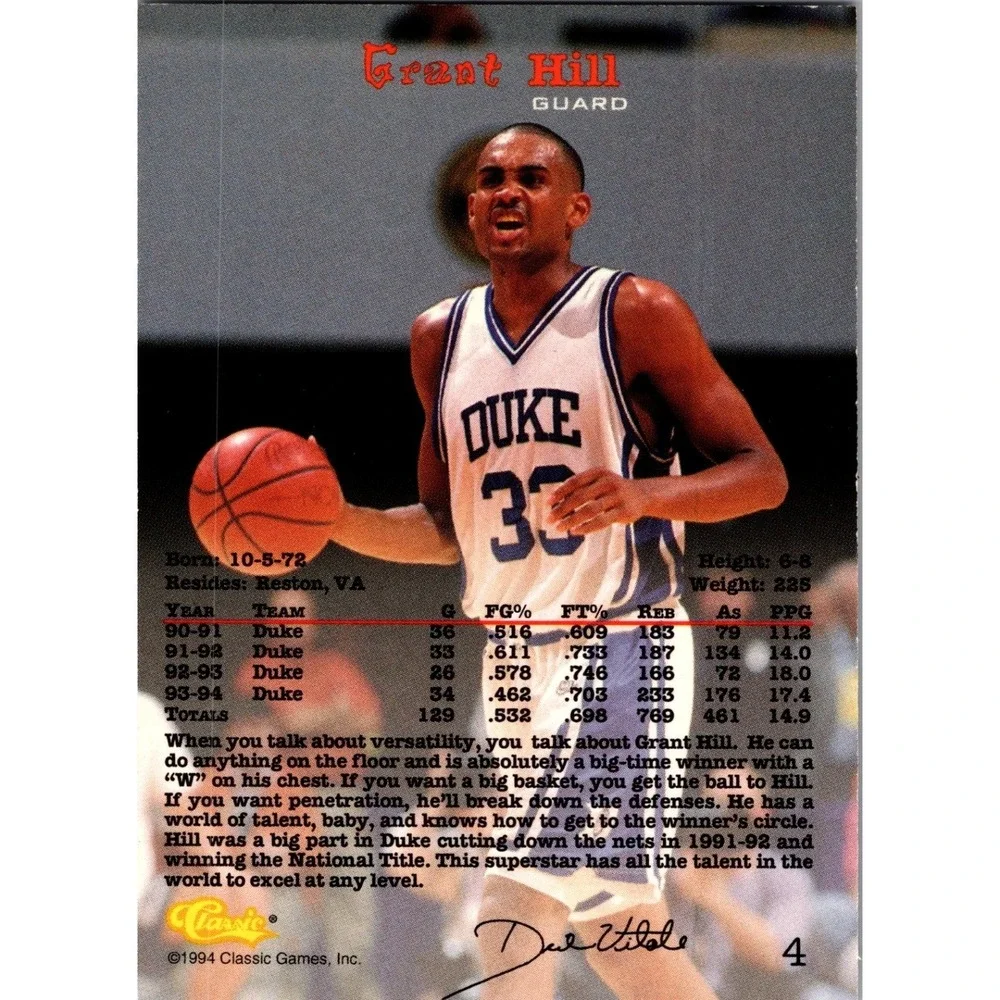 Grant Hill 1994 Classic Duke Blue Devils Basketball Card #4 NCAA Pre Rookie HOF
